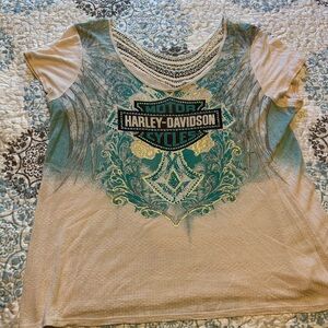 Harley Davidson size XL cream color/teal shirt beautiful stitching on back